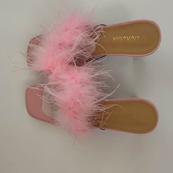 LIURUIJIA Square Toe Feathers High Heel Fur Mules Sandals Size 44 (US 11.5) - Picture 3 of 10